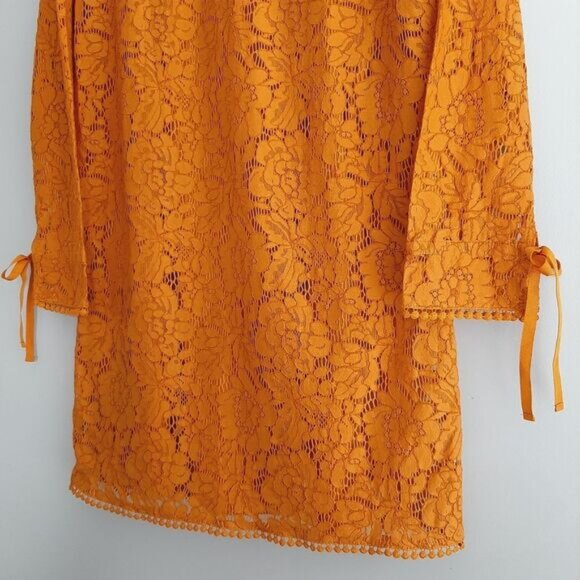 H&M / Floral Lace Pom-Pom Trim Long Sleeve Knee Length Dress Mustard Yellow Sz S - Picture 11 of 16